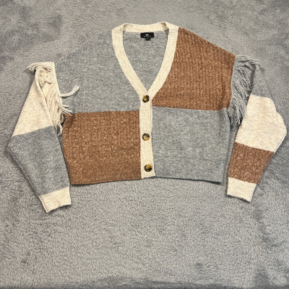 IN San Francisco‎ Cardigan Colorblock Fringe Knit Grey Brown Womens XL
